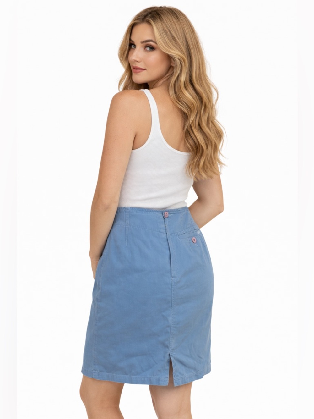 Vintage 80s Esprit Blue Skirt High Waist Back Zip Slit Minimalist Cotton Skirt